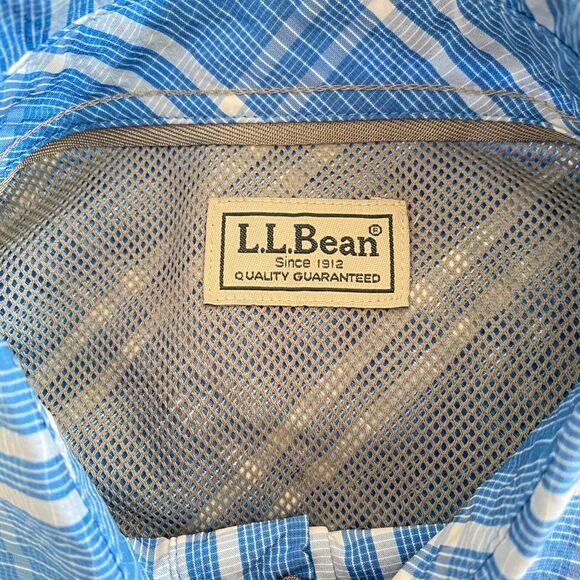 L.L.Bean Shirt M Blue & White Plaid Long Sleeve Tall Rob Button Up Pocket - Picture 3 of 13